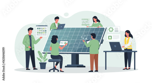 A team of diverse professionals collaborating on a large solar panel, symbolizing renewable energy development and sustainable technology.