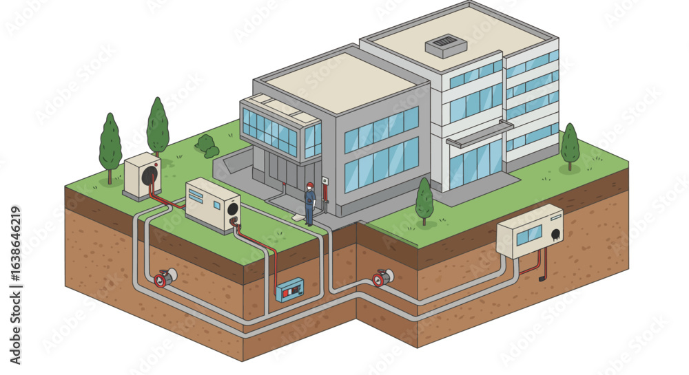 Fototapeta premium Isometric diagram of a building's geothermal heating and cooling system, showing underground pipes and equipment.