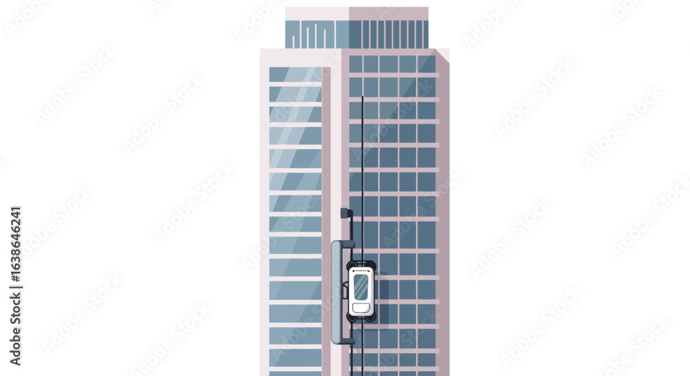 A modern high-rise building with an external elevator car moving along its facade. A modern high-rise building with an external elevator car moving along its facade.