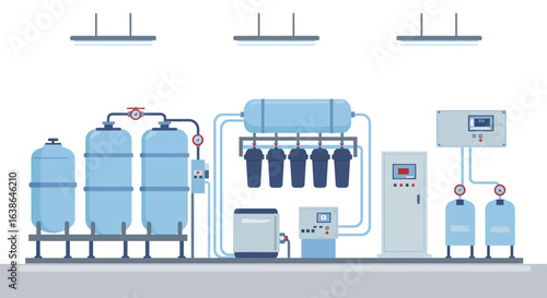 Illustration of a sophisticated water treatment and filtration plant featuring multiple large tanks, interconnected pipes, and advanced control units.