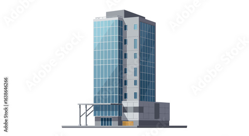 A modern multi-story office building with a sleek glass facade and contemporary design.