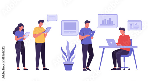 An illustration depicting diverse individuals engaged in digital work, data analysis, and online communication using laptops and tablets.