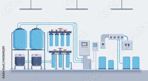 Detailed illustration of an industrial water treatment and purification plant featuring multiple tanks, filtration units, and a central control system.