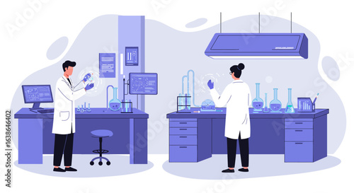 Male and female scientists diligently work with scientific equipment and computers in a modern, well-equipped laboratory setting.
