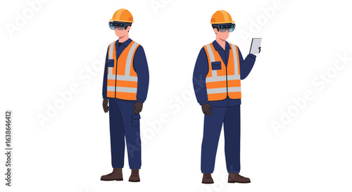 Two construction workers, one holding a tablet, both wearing safety gear, ready for work.