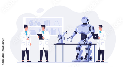 A team of scientists in white lab coats collaborates on developing a large humanoid robot in a modern research laboratory.