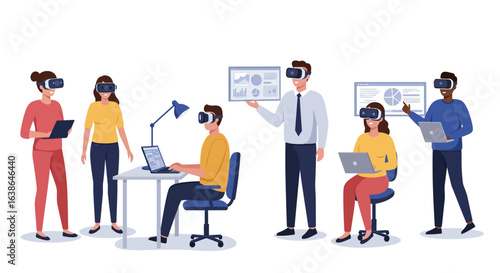 Diverse professionals engage with virtual reality headsets and laptops, analyzing data and collaborating in an immersive digital environment.