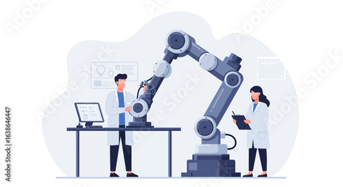 Two engineers in lab coats collaborating on the operation and research of a large industrial robotic arm.