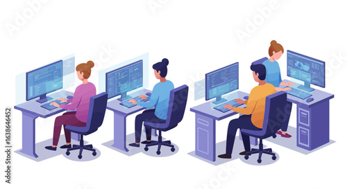 A group of people actively working on desktop computers, displaying code and data, in a collaborative office or educational setting.