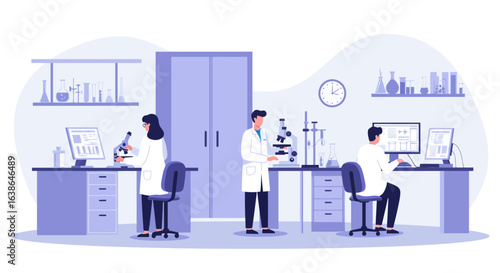 Scientists collaborate in a modern laboratory, conducting research using computers and microscopes.