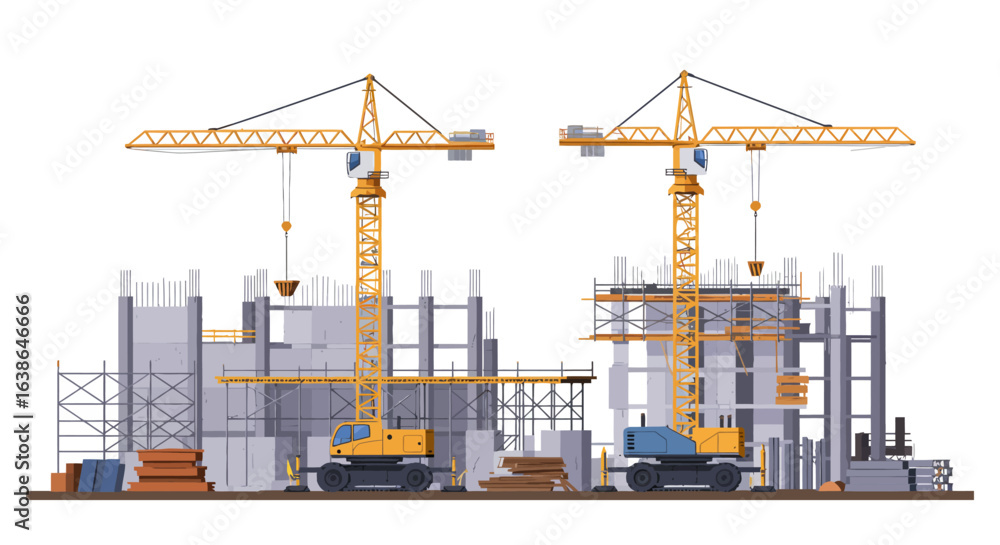 Two yellow construction cranes working on building structures with scaffolding and materials. Two yellow construction cranes working on building structures with scaffolding and materials.