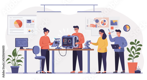 A team of engineers collaborating on innovative product development and testing in a modern lab.