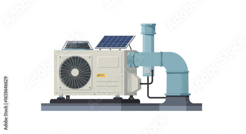 A modern outdoor HVAC unit with a fan and a small solar panel on top, connected to blue ventilation pipes, depicted as an isolated illustration.