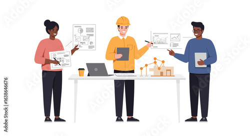 Three diverse architects collaborating on a construction project, reviewing blueprints and models.