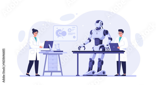 Two scientists in lab coats work with laptops alongside a robot on a table, with diagrams on the wall.