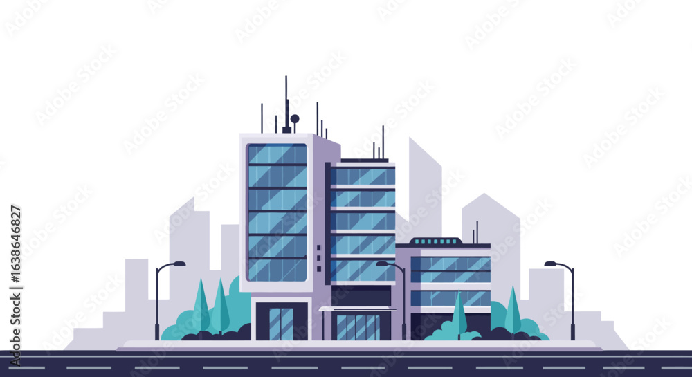 Obraz premium Modern cityscape illustration featuring a prominent multi-story building.