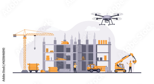 Construction site with drones and workers, showcasing modern building techniques.