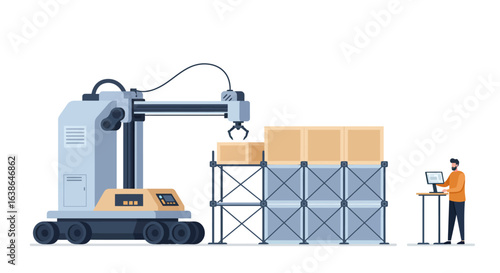 An automated robot arm places a cardboard box onto a metal rack in a warehouse setting, while a worker monitors the process on a computer.