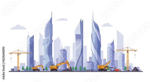 Modern city skyline under construction, featuring cranes and excavators, with futuristic skyscrapers.