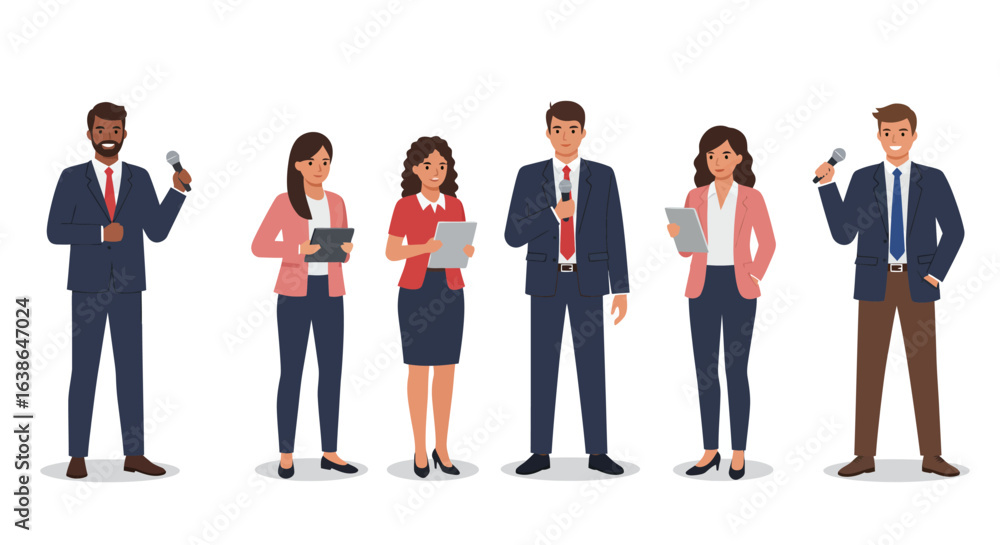 Obraz premium Diverse group of business professionals standing, holding devices, and dressed in formal attire.