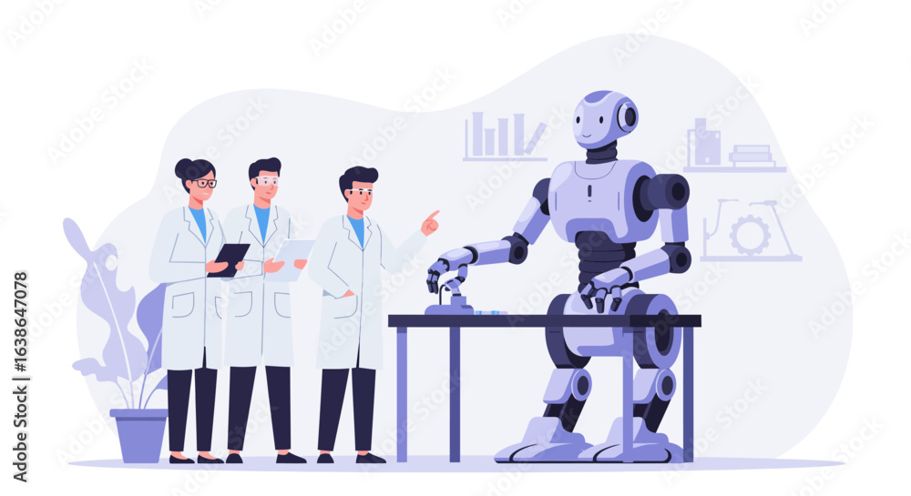 Obraz premium Three scientists observe a robot working at a table in a laboratory setting, with charts and equipment in the background.