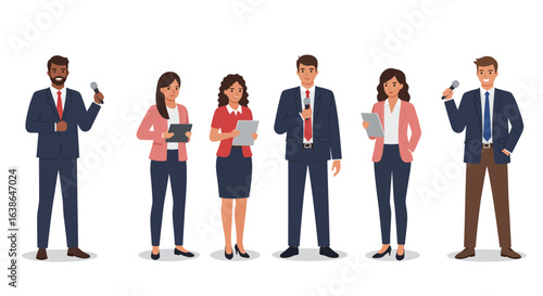 Diverse group of business professionals standing, holding devices, and dressed in formal attire.
