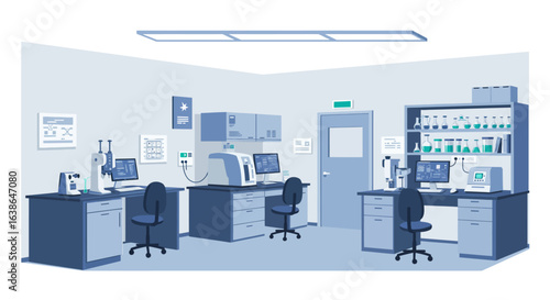 Modern laboratory interior, featuring desks, equipment, and storage.