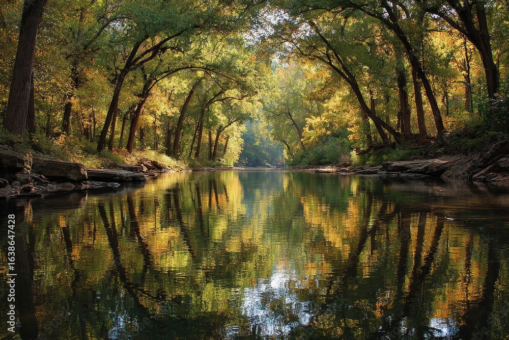 Serene autumnal river, mirrored trees Serene autumnal river, mirrored trees