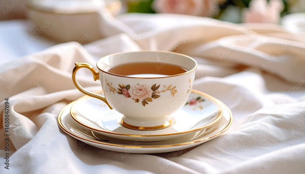 Fototapeta premium Floral Teacup on Linen Fabric.