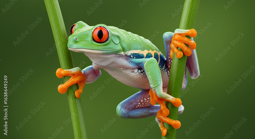 Obraz premium Red-eyed tree frog perched between plant stems against a natural green background.