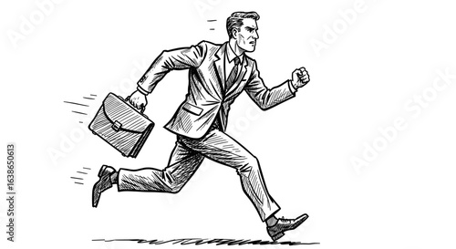 Businessman with briefcase running, vintage ink sketch style, black and white vector illustration, engraving or woodcut aesthetic.


