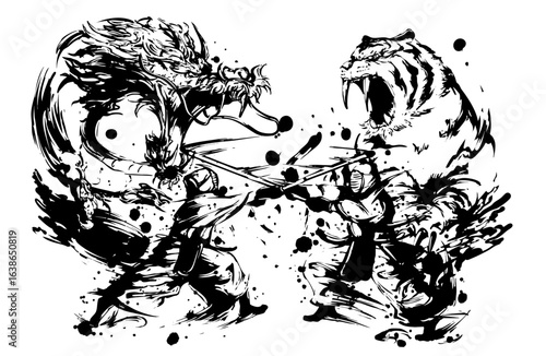 Kendo Duel with Dragon and Tiger – Japanese Ink Art