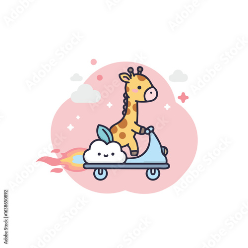 A cute, cartoon giraffe joyfully rides a scooter with a cloud attached, propelled by fiery exhaust, against a soft pink background.