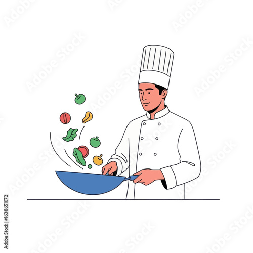 Chef in White Uniform Tosses Vegetables from Blue Wok in Kitchen