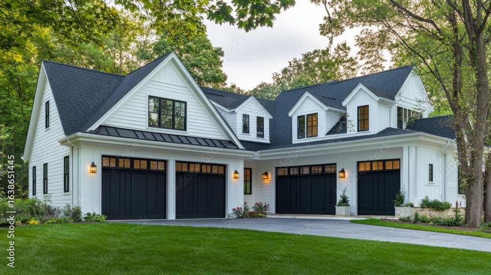 White farmhouse with black garage doors, wide porch, symmetrical windows, and green lawn framed by trees. White farmhouse with black garage doors, wide porch, symmetrical windows, and green lawn framed by trees.