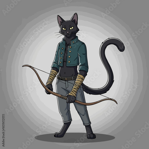 Black Cat Archer with Bow in Stylized Vector Illustration  