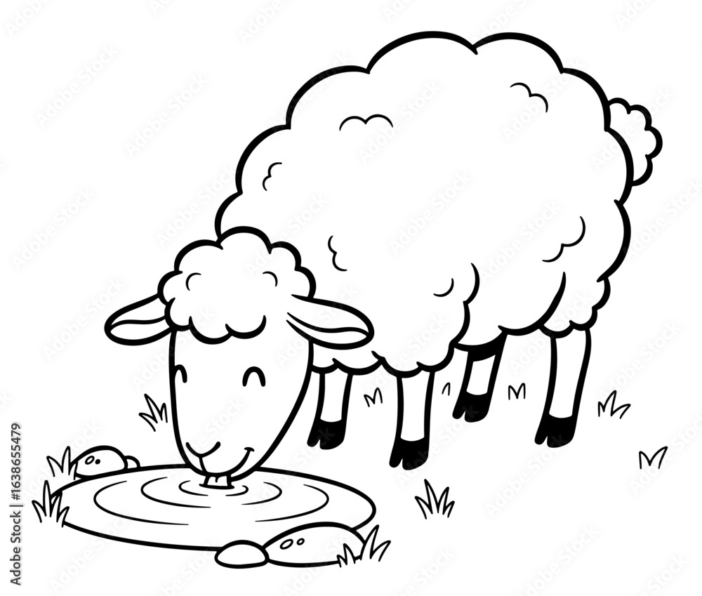 Obraz premium Cartoon Black and White Illustration of a Sheep Drinking Water from a Pond