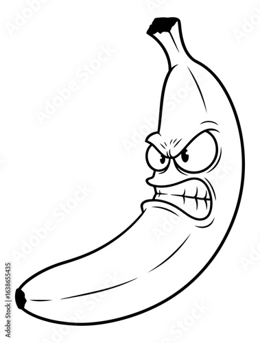 Angry Banana Cartoon Character in Black and White Outline