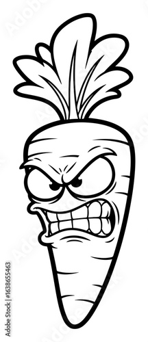 Angry Carrot Cartoon Vector Illustration in Black and White