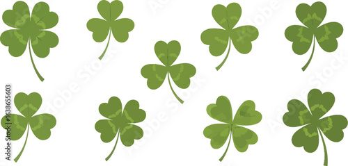 Vector art of collection of green shamrocks and fourleaf clovers isolated on white background
