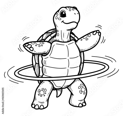 Monochrome Illustration of a Cartoon Turtle Hula Hooping