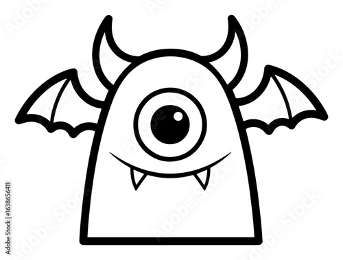 Cute Cartoon One-Eyed Monster with Horns and Wings Outline on White Background
