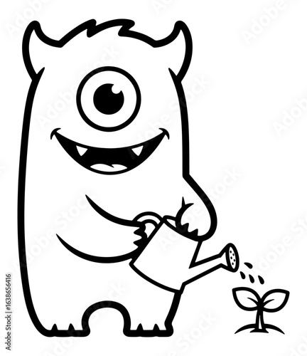 Cute Cartoon One-Eyed Monster Watering a Small Plant in Black and White