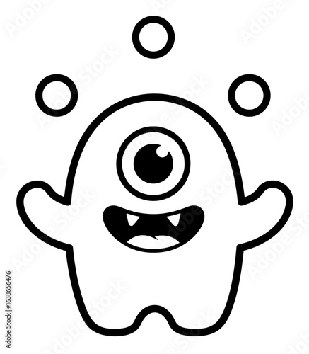 Cute One-Eyed Monster Juggling Three Circles, Black and White Vector Illustration