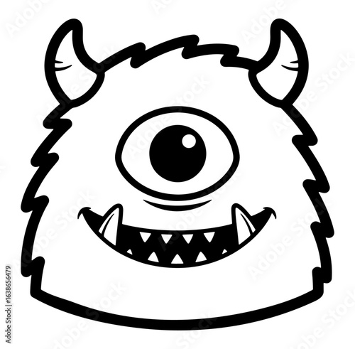 Cartoon Line Art Illustration of a Furry One-Eyed Monster with Horns Smiling and Showing Teeth