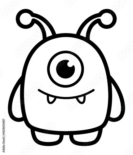 Black and White Line Art Illustration of a Cute One-Eyed Alien Monster