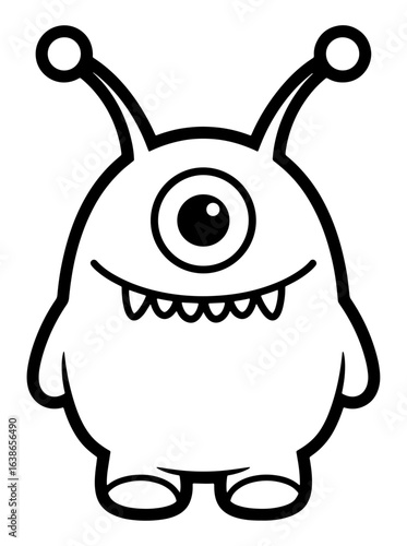 Cartoon One-Eyed Alien Monster Illustration in Black and White