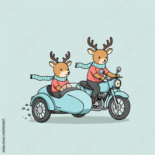 Two adorable reindeer ride a vintage motorcycle with sidecar, enjoying a whimsical journey.