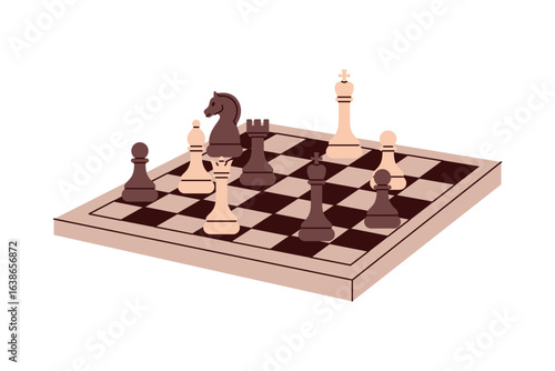 Perspective chess board with strategic piece setup for creative visuals