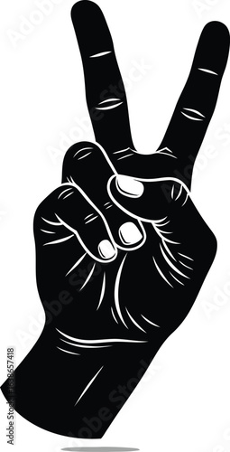 Victory hand sign vector illustration, black silhouette peace gesture icon, hand with two fingers raised, minimalist human hand eps graphic
